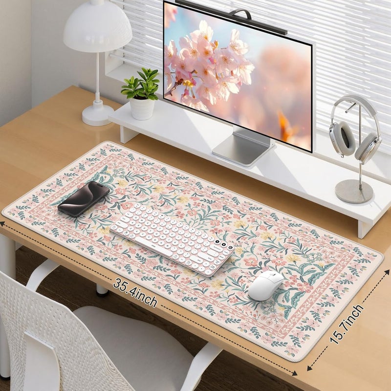 iCasso Pink Floral Desk Mat, Desk Pad, XXL Large Mouse Pad, Anti-Slip Big Mousepad with Stitched Edges, Computer Mouse Pads for Desktop for Women(Pink) - Image 2